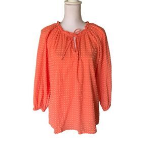 LOFT Orange Textured Cotton Peasant Blouse Women’s M Tie Neck Long Sleeve